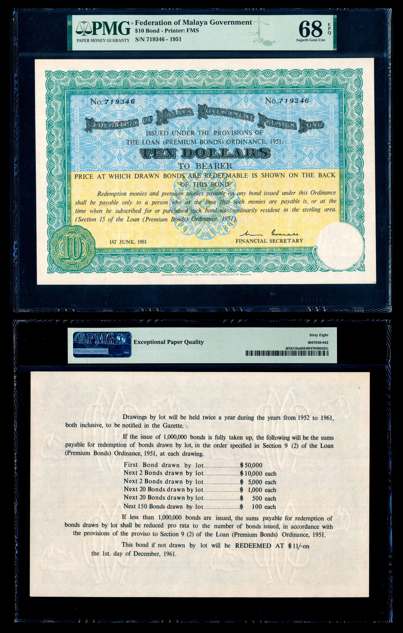 Malaya Fed.of Malaya Govt $10 Bond 1951 (1 of 1)