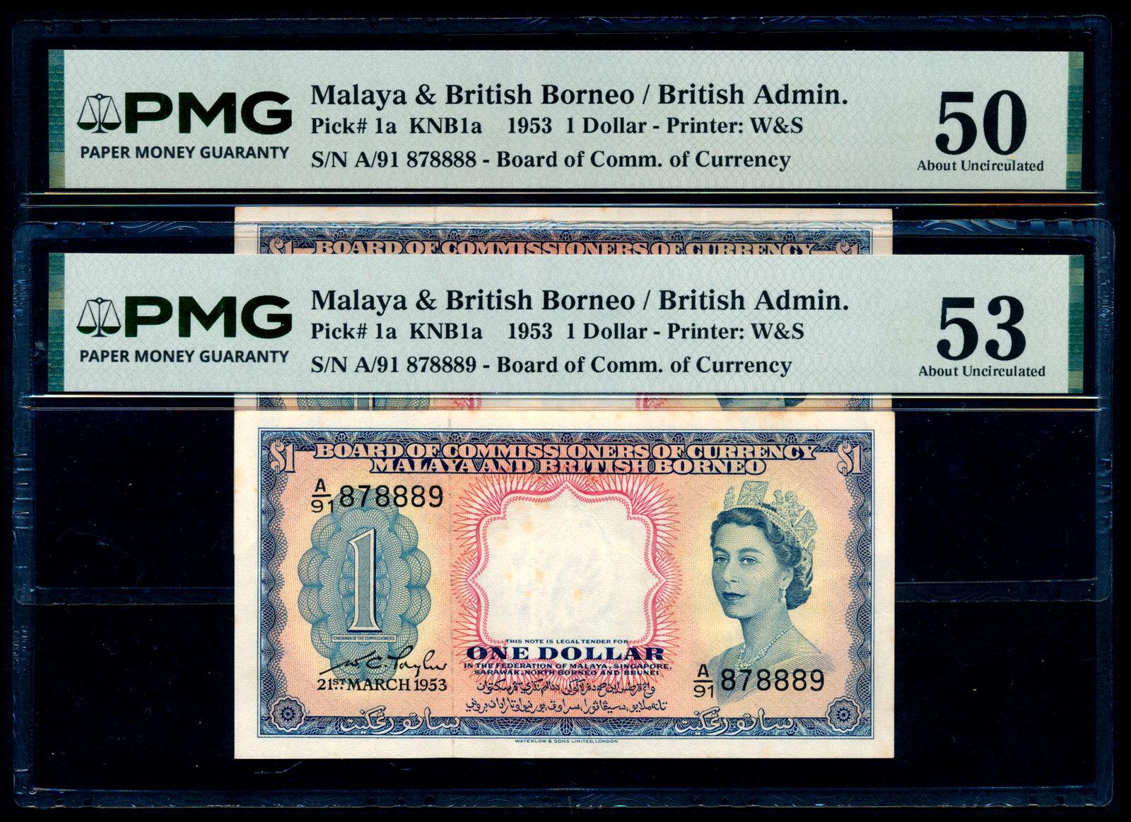 Malaya Br Borneo 2x$1 1953 QEII PMG: Malaya Br Borneo 2x$1 1953 QEII PMGMalaya & British Borneo $1, 21 March 1953, Queen Elizabeth II, (P.1a; Tan M18), serial no. A/91 878888 (stains) to 889 (as made wrinkle, stains), graded PMG AU50 and