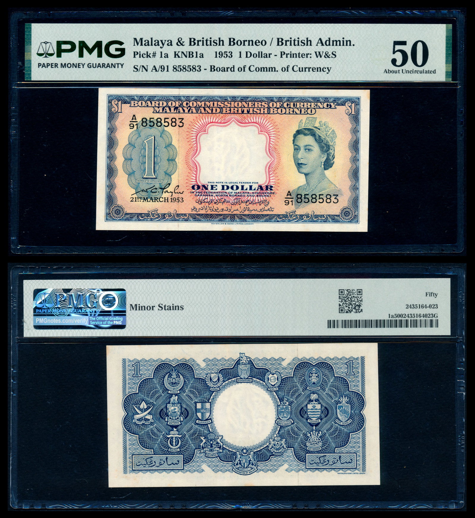 Malaya Br Borneo $1 1953 QEII PMG: Malaya Br Borneo $1 1953 QEII PMGMalaya & British Borneo $1, 21 March 1953, Queen Elizabeth II, (P.1a; Tan M18), serial no. A/91 858583, minor stains, PMG AU50. This Lot is su