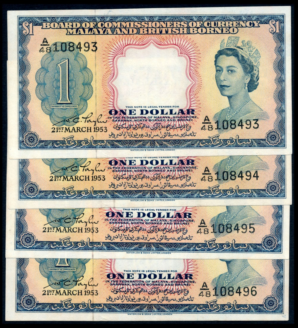 Malaya Br Borneo 4x$1 1953 QEII: Malaya & British Borneo $1, 21 March 1953, Queen Elizabeth II, (P.1a; Tan M18), serial nos. A/48 108493 to 496, 4 consecutive notes, stains, ageing, generally AU-UNC. (4)