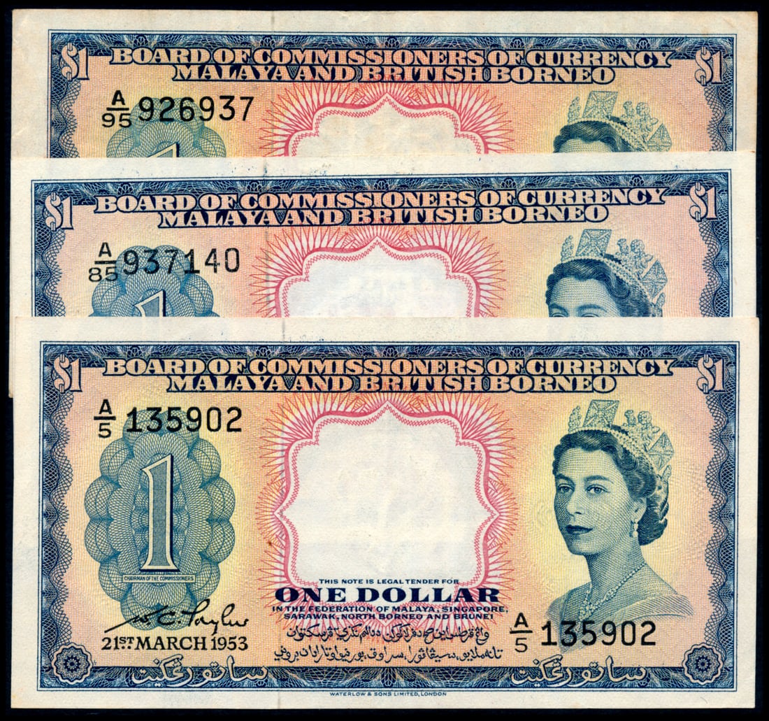 Malaya Br Borneo 3x$1 1953 QEII: Malaya & British Borneo $1, 21 March 1953, Queen Elizabeth II, (P.1a; Tan M18), serial nos. A/5 135902, A/85 937140, A/95 926937, minor ageing, VF-AU. (3)