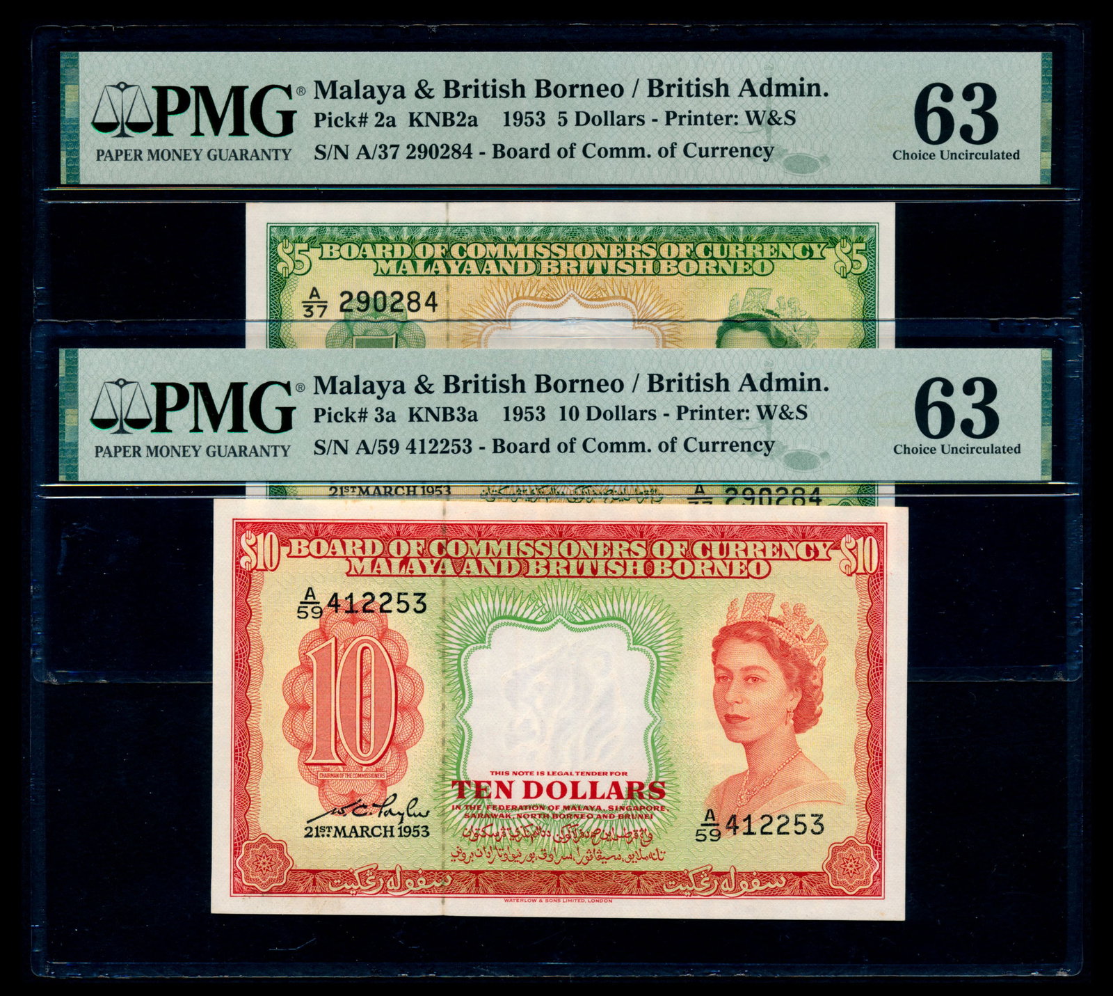 2 Malaya Br Borneo $5 $10 1953 QEII PMG (1 of 1)