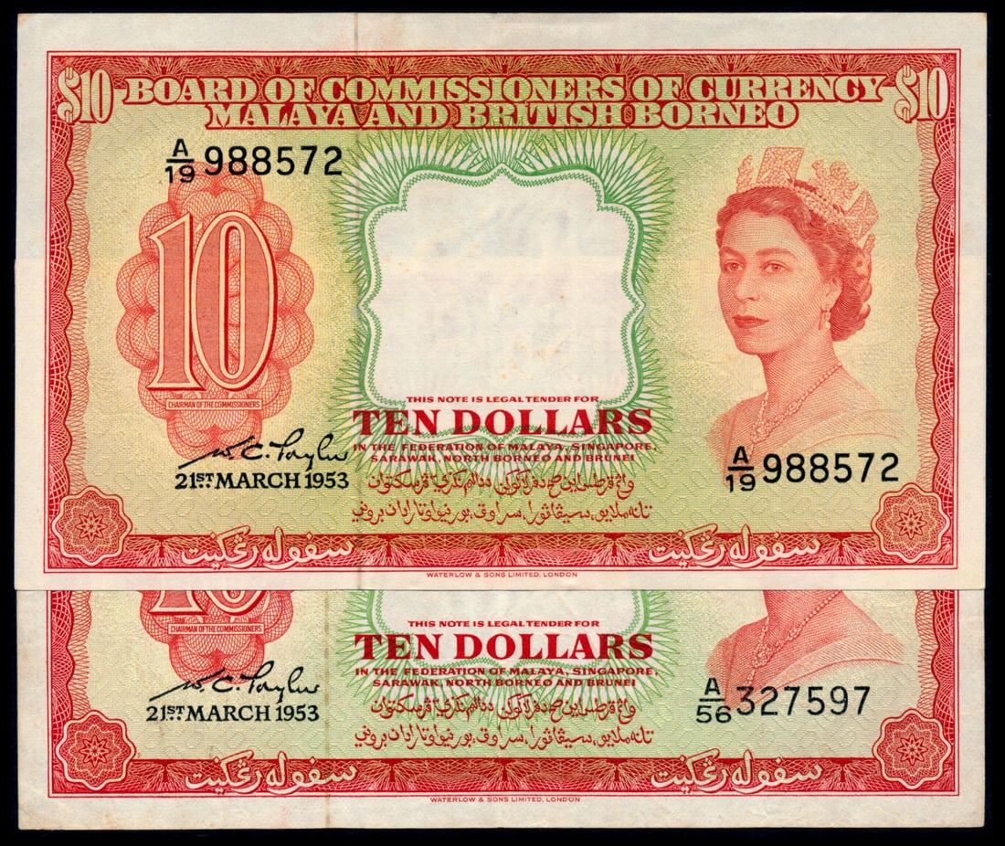Malaya Br Borneo 2x$10 1953 QEII: Malaya & British Borneo $10, 21 March 1953, Queen Elizabeth II, (P.3a; Tan M20), serial nos. A/19 988572, A/56 327597, minor ageing, VF and EF respectively. (2)