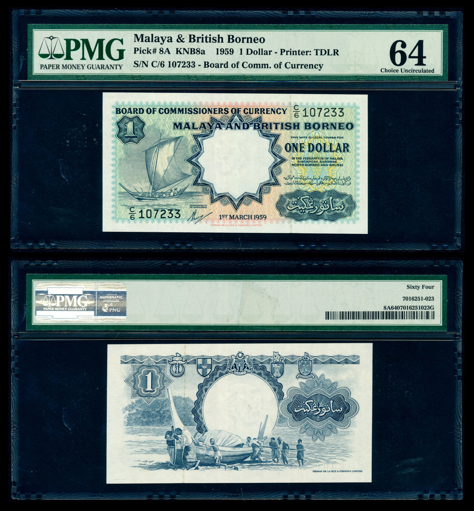 Malaya Br Borneo $1 1959 sailing boat TDLR: Malaya & British Borneo $1, 1 March 1959, sailing boat, Thomas de la Rue, (P.8A; Tan M25a), serial no. C/6 107233, PMG Choice UNC64.