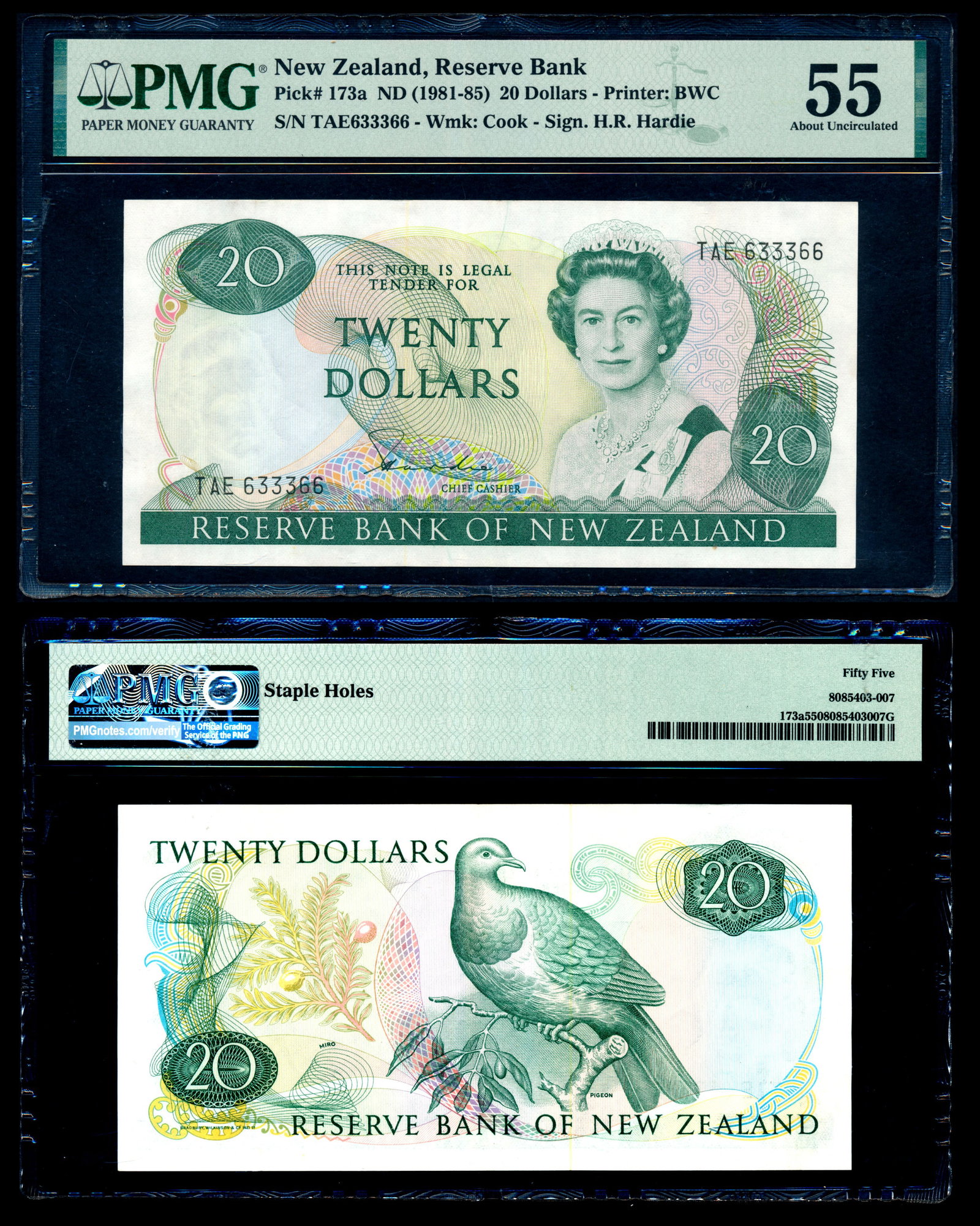 New Zealand $20 1981-85 QEII PMG: New Zealand Reserve Bank of New Zealand, $20, ND (1981-85), Queen Elizabeth II, sign. Hardie, (P.173a), serial no. TAE 633366, staple holes, PMG AU55.