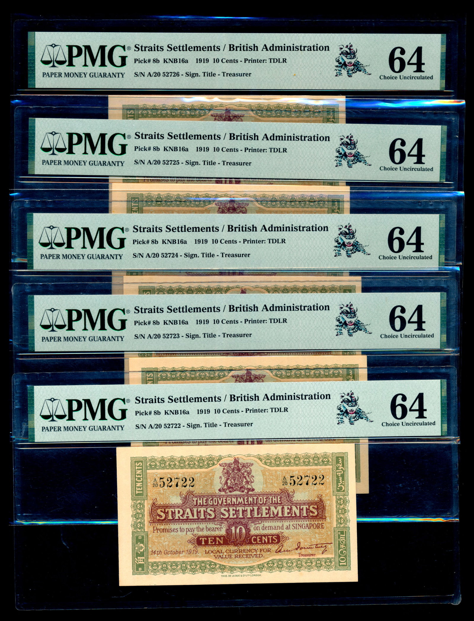 Straits Settlements 5x10c 1919 Treasurer PMG (1 of 1)