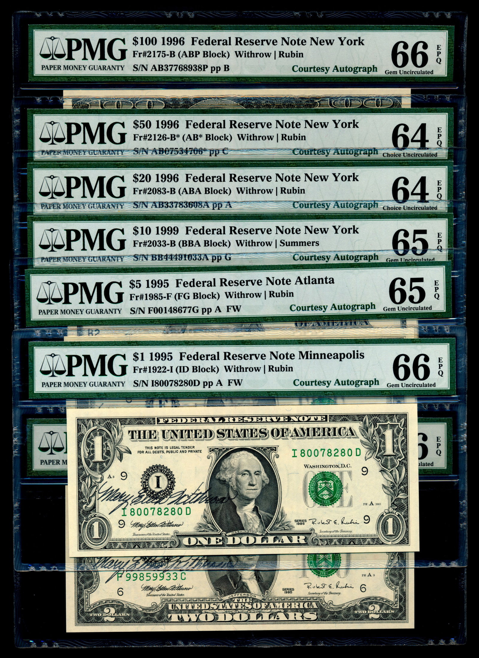 7 US $1-$100 1995-96 Federal Reserve Notes: United States $1, 1995, Federal Reserve Note Minneapolis,(Fr#1922-I)(ID Block);$2, 1995, Federal Reserve Note Atlanta,(Fr#1936-F) (FC Block), cut from BEP Issued Sheet; $5, 1995, Federal Reserve Note 
