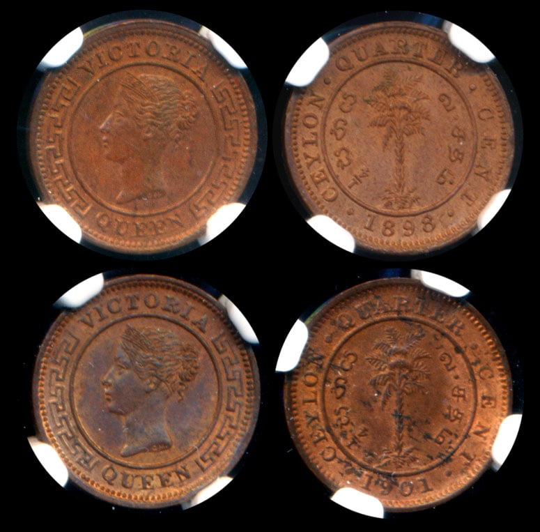 Ceylon QV 1/4c 1898 1901 NGC: Ceylon Victoria, Quarter Cent, (KM.90), 1898, 1901, both graded NGC MS63BN. From the Sinnathuray Family Collection. (2)