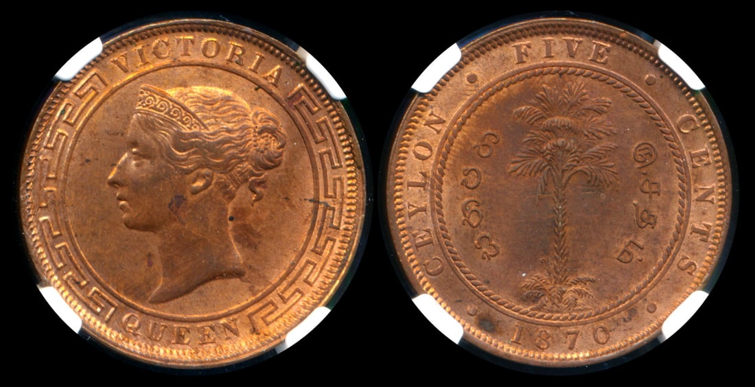 Ceylon QV 5c 1870 NGC: Ceylon Victoria, 5 Cents, (KM.93), 1870, NGC MS64RB. From the Sinnathuray Family Collection.
