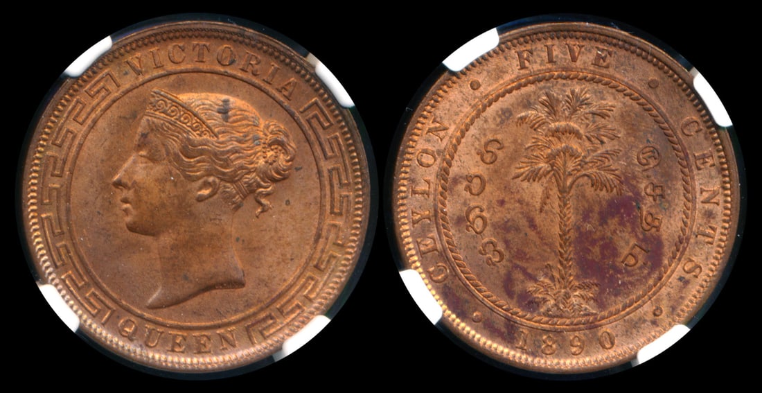 Ceylon QV 5c 1890 NGC: Ceylon Victoria, 5 Cents, (KM.93), 1890, NGC MS63RB. From the Sinnathuray Family Collection.