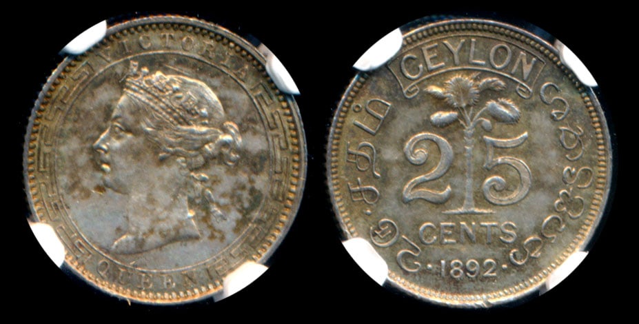 Ceylon QV 25c 1892 NGC: Ceylon Victoria, 25 Cents, (KM.95), 1892, NGC MS62. From the Sinnathuray Family Collection.