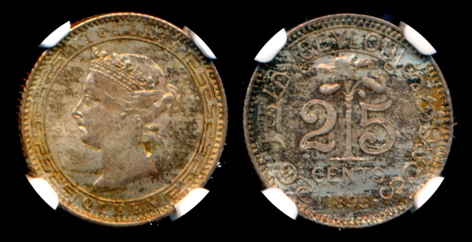 Ceylon QV 25c 1895 NGC: Ceylon Victoria, 25 Cents, (KM.95), 1895, NGC MS64. From the Sinnathuray Family Collection.
