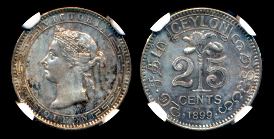 Ceylon QV 25c 1899 NGC: Ceylon Victoria, 25 Cents, (KM.95), 1899, NGC AU55. From the Sinnathuray Family Collection.