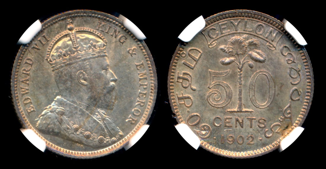 Ceylon KEVII 50c 1902 NGC: Ceylon Edward VII, 50 Cents, (KM.99), 1902, NGC MS62. From the Sinnathuray Family Collection.