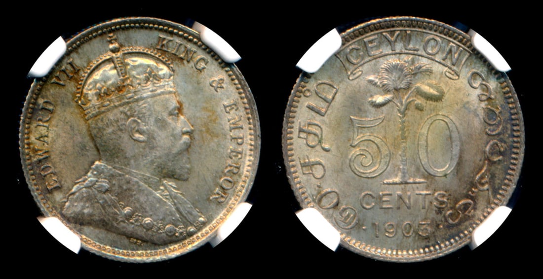 Ceylon KEVII 50c 1903 NGC: Ceylon Edward VII, 50 Cents, (KM.99), 1903, NGC MS64. From the Sinnathuray Family Collection.