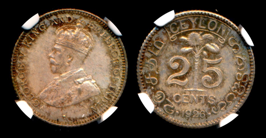 Ceylon KGV 25c 1926 NGC: Ceylon George V, 25 Cents, (KM.105a), 1926, NGC MS63. From the Sinnathuray Family Collection.