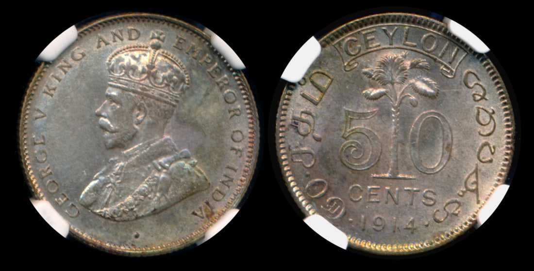 Ceylon KGV 50c 1914 NGC: Ceylon George V, 50 Cents, (KM.109), 1914, NGC MS62. From the Sinnathuray Family Collection.