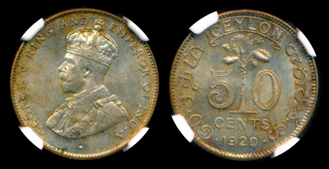 Ceylon KGV 50c 1920B NGC: Ceylon George V, 50 Cents, (KM.109a), 1920B NGC MS64. From the Sinnathuray Family Collection.
