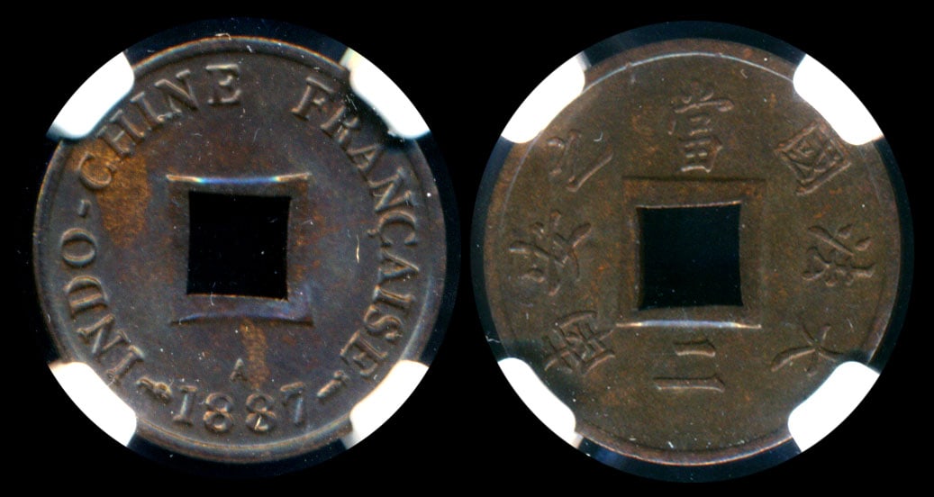 French Indo-China 2 Sapeque 1887A: French Indo-China 2 Sapeque, (KM.6), 1887A, NGC MS62BN. From the Sinnathuray Family Collection.