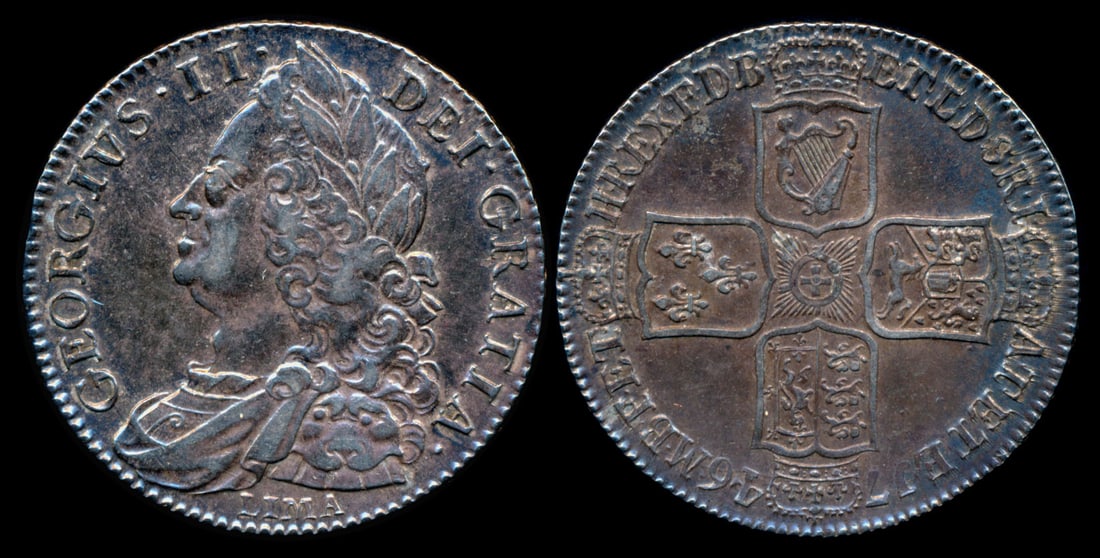 Great Britain KGII 1/2 Crown 1746: Great Britain George II, Half Crown, (KM.584.3), 1746, LIMA, hairlines, AEF. From the Sinnathuray Family Collection. Together with annotated coin envelope. Collector's annotations may or may not be ac