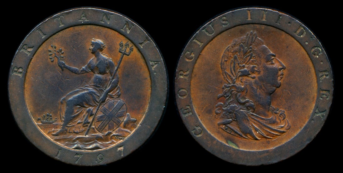 Great Britain KGIII Penny 1797: Great Britain George III, Penny, (KM.618), 1797, 10 Leaves, toned, VF. From the Sinnathuray Family Collection. Together with annotated coin envelope. Collector's annotations may or may not be accurate
