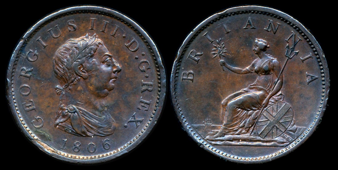 Great Britain KGIII Penny 1806: Great Britain George III, Penny, (KM.663), 1806, toned, EF. From the Sinnathuray Family Collection. Together with annotated coin envelope. Collector's annotations may or may not be accurate.