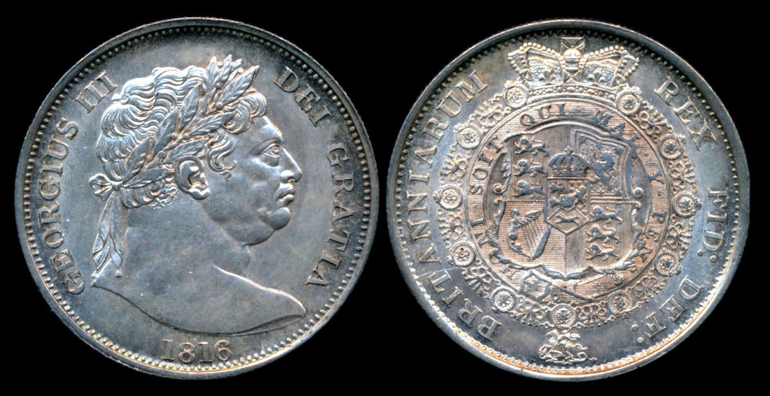 Great Britain KGIII 1/2 Crown 1816: Great Britain George III, Half Crown, (KM.667), 1816, AU. From the Sinnathuray Family Collection. Together with annotated coin envelope. Collector's annotations may or may not be accurate.