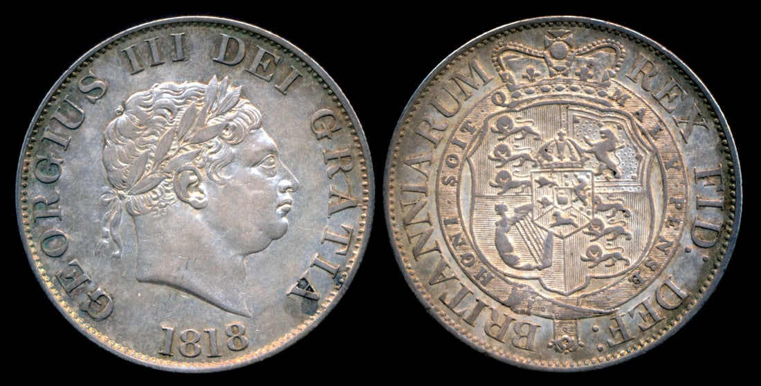 Great Britain KGIII 1/2 Crown 1818: Great Britain George III, Half Crown, (KM.672), 1818, toned, AEF. From the Sinnathuray Family Collection. Together with annotated coin envelope. Collector's annotations may or may not be accurate.