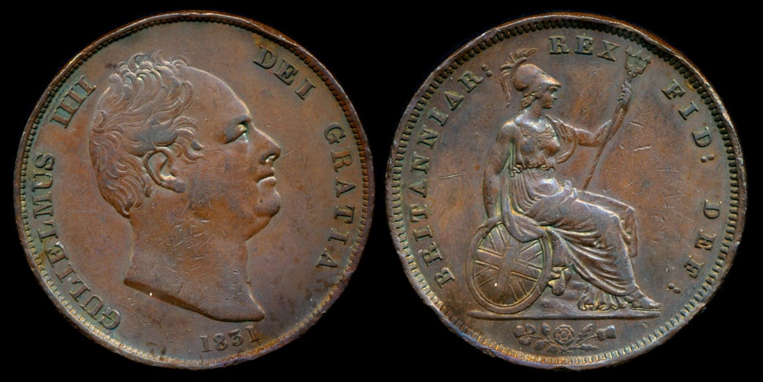 Great Britain William IV Penny 1831: Great Britain William IV, Penny, (KM.707), 1831, verdigris, toned, VF. From the Sinnathuray Family Collection. Together with annotated coin envelope. Collector's annotations may or may not be accurate