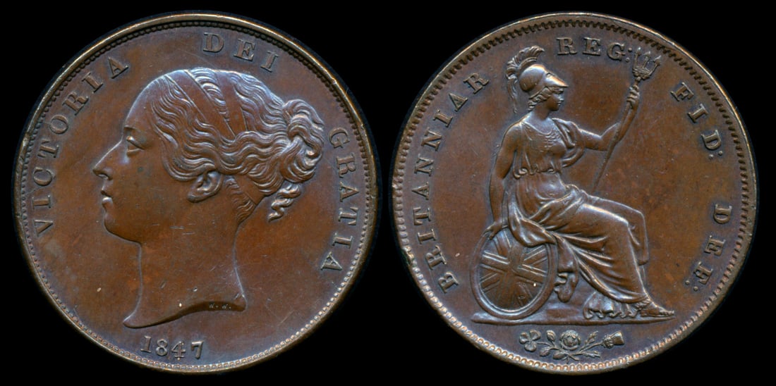 Great Britain QV Penny 1847: Great Britain Victoria, Penny, (KM.739), 1847, DEF close colon, AU. From the Sinnathuray Family Collection. Together with annotated coin envelope. Collector's annotations may or may not be accurate.