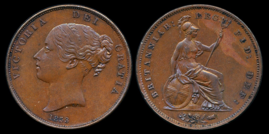 Great Britain QV Penny 1853: Great Britain Victoria, Penny, (KM.739), 1853, Ornamental Trident, toned, AU. From the Sinnathuray Family Collection. Together with annotated coin envelope. Collector's annotations may or may not be a