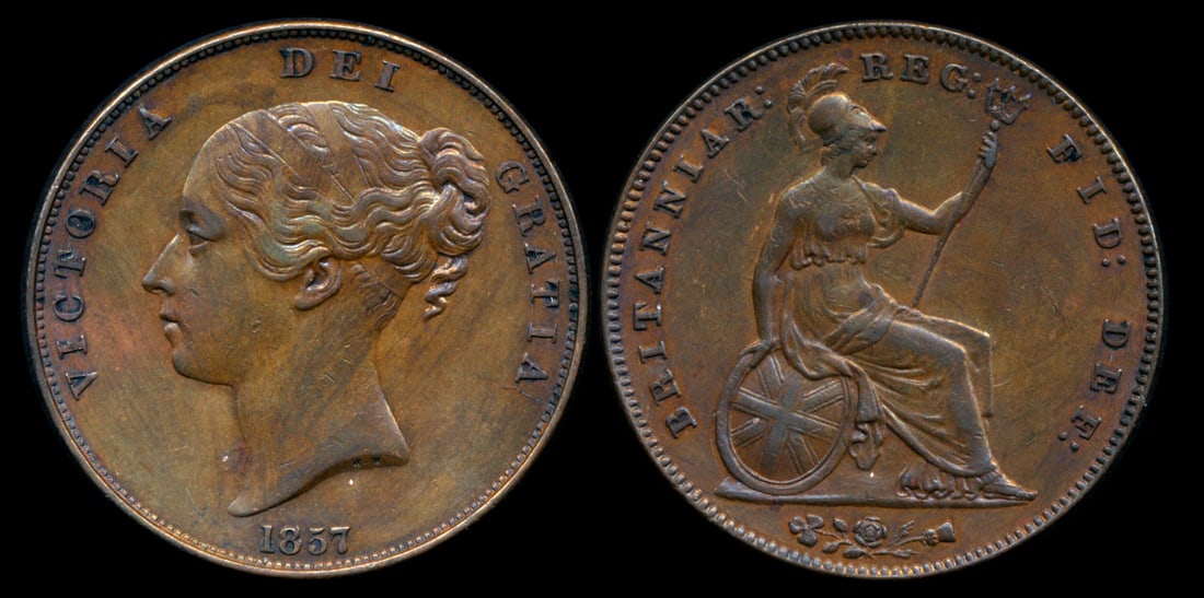 Great Britain QV Penny 1857: Great Britain Victoria, Penny, (KM.739), 1857, Plain Trident, toned, AEF. From the Sinnathuray Family Collection. Together with annotated coin envelope. Collector's annotations may or may not be accur