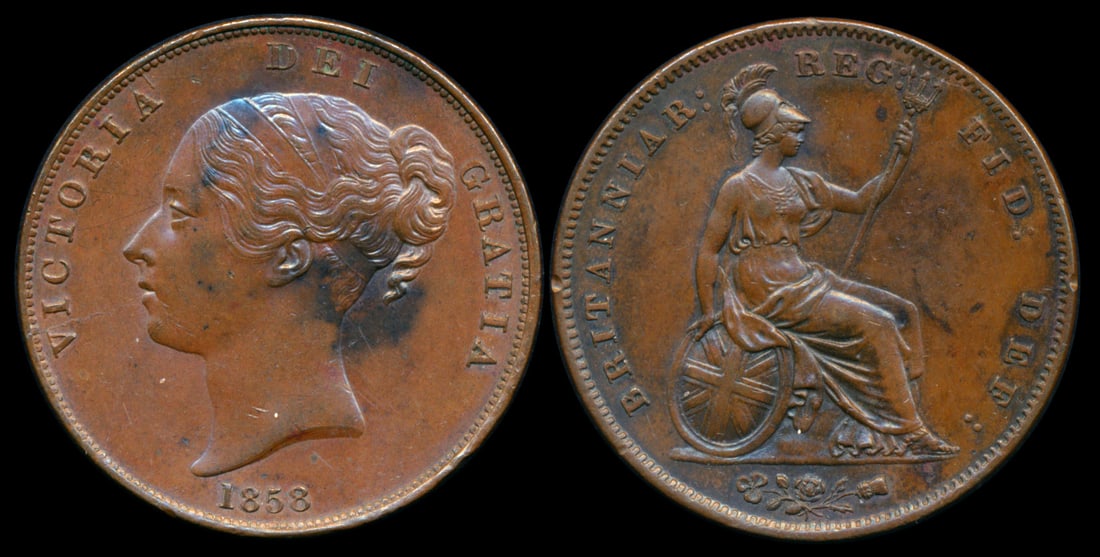 Great Britain QV Penny 1858 no WW: Great Britain Victoria, Penny, (KM.739), 1858, no WW, toned, AU. From the Sinnathuray Family Collection. Together with annotated coin envelope. Collector's annotations may or may not be accurate.
