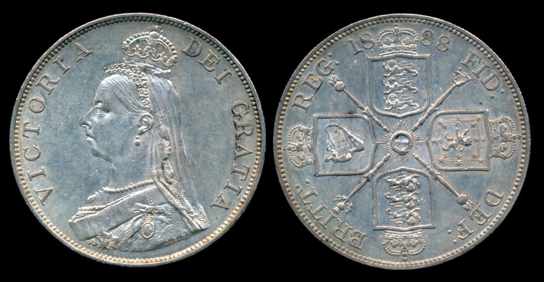 Great Britain QV Double Florin 1888: Great Britain Victoria, Double Florin, (KM.763), 1888, AU. From the Sinnathuray Family Collection. Together with annotated coin envelope. Collector's annotations may or may not be accurate.