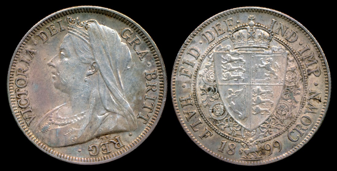 Great Britain QV 1/2 Crown 1899: Great Britain Victoria, Half Crown, (KM.782), 1899, toned, AEF. From the Sinnathuray Family Collection. Together with annotated coin envelope. Collector's annotations may or may not be accurate.