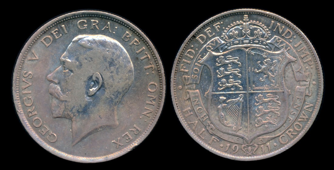 Great Britain KGV 1/2 Crown 1911: Great Britain George V, Half Crown, (KM.818.1), 1911, cleaned, toned, AEF. From the Sinnathuray Family Collection. Together with annotated coin envelope. Collector's annotations may or may not be accu