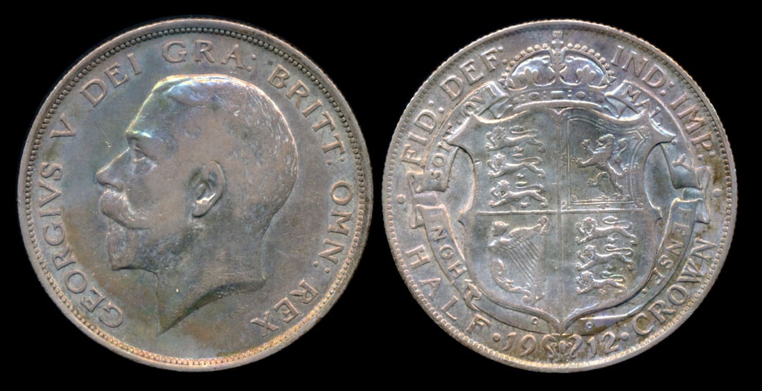 Great Britain KGV 1/2 Crown 1912: Great Britain George V, Half Crown, (KM.818.1), 1912, toned, EF. From the Sinnathuray Family Collection. Together with annotated coin envelope. Collector's annotations may or may not be accurate.