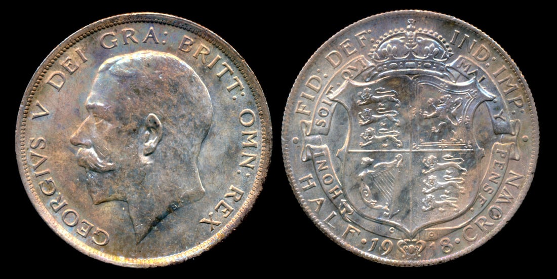 Great Britain KGV 1/2 Crown 1918: Great Britain George V, Half Crown, (KM.818.1), 1918, toned, AU. From the Sinnathuray Family Collection. Together with annotated coin envelope. Collector's annotations may or may not be accurate.