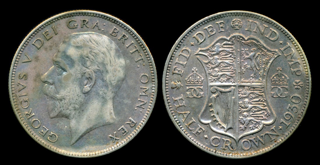 Great Britain KGV 1/2 Crown 1930: Great Britain George V, Half Crown, (KM.835), 1930, toned, GVF. Key date. Rare. From the Sinnathuray Family Collection. Together with annotated coin envelope. Collector's annotations may or may not be