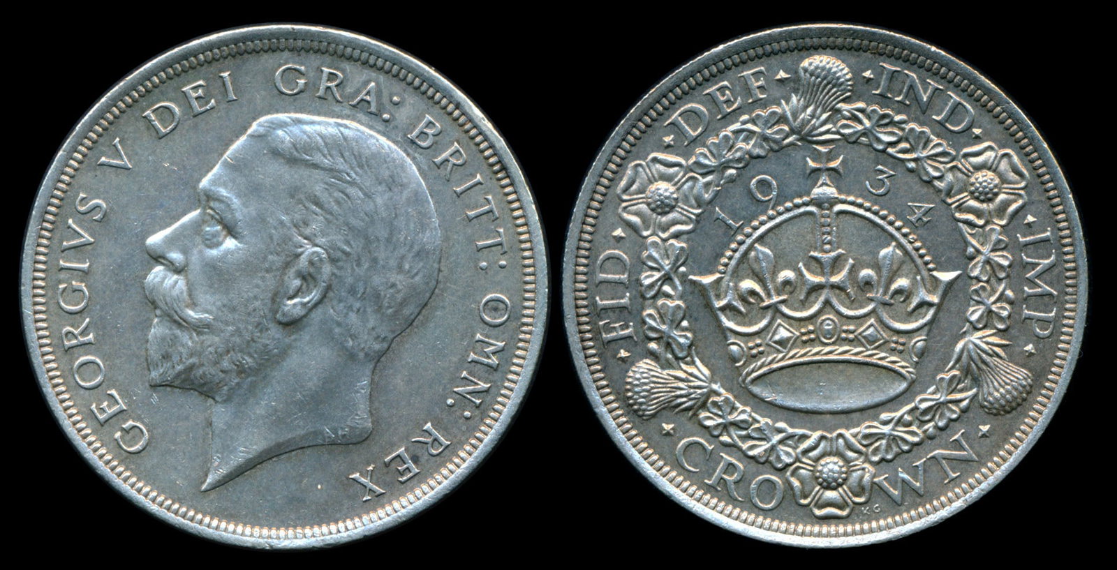 Great Britain KGV Crown 1934: Great Britain George V, Crown, (KM.836), 1934, AU-UNC. Very rare. Key date. Low Mintage 932 pieces. From the Sinnathuray Family Collection. Together with annotated coin envelope. Collector's annotatio