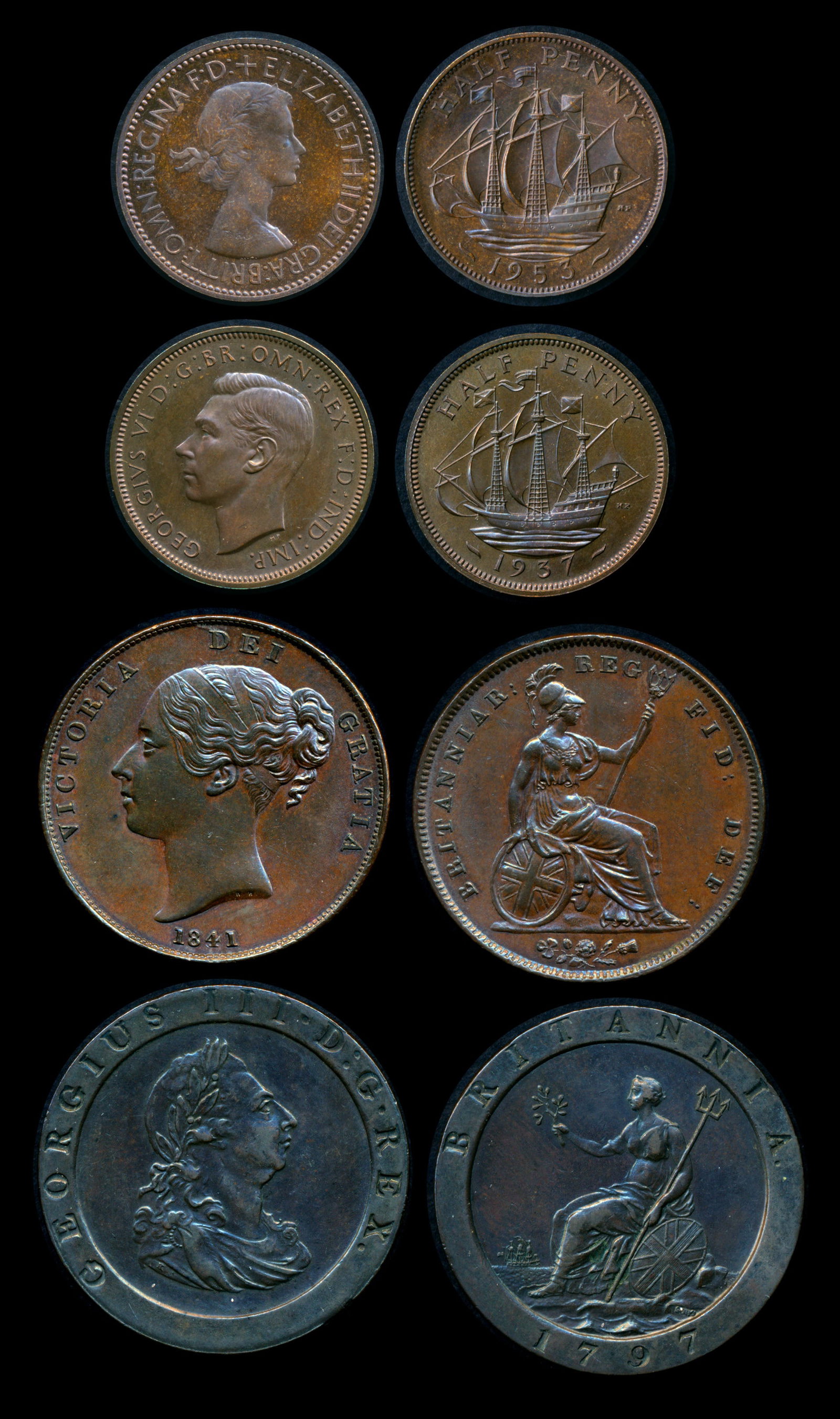 Great Britain 1/2-1 Penny 1797-1974: Great Britain George VI, 1/2 Penny, 1937-52; Queen Elizabeth II, 1/2 Penny, 1953-74; George III, Penny, 1797; Victoria, Penny, 1841; bagmarks, hairlines, toned, EF-UNC. From the Sinnathuray Family Col