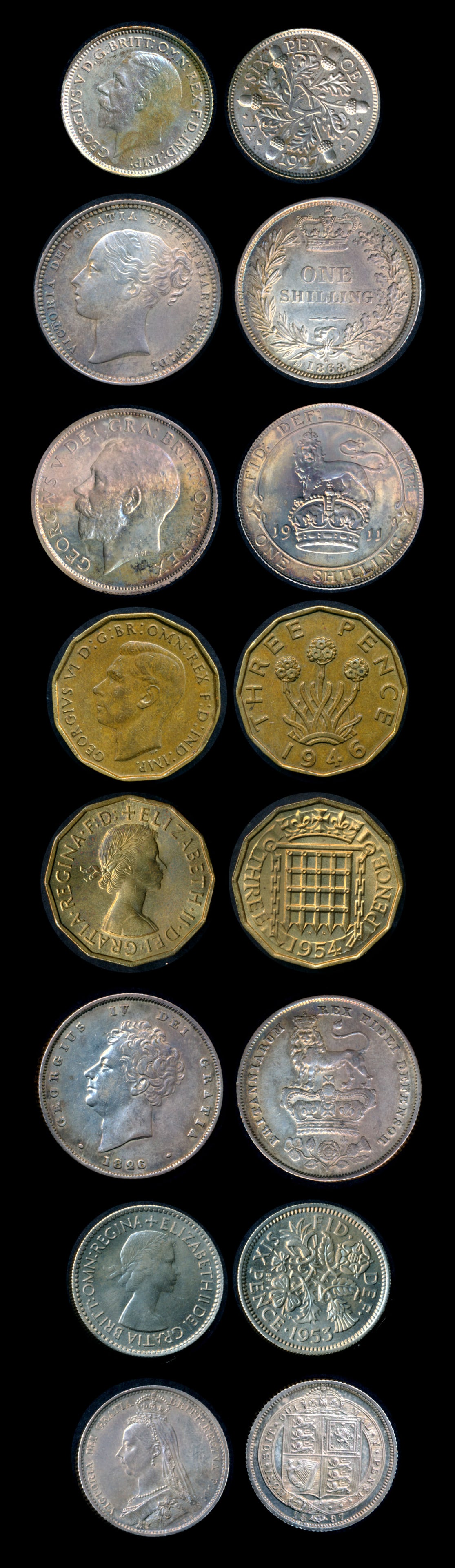 Great Britain 3 Pence-1 Shilling 1826-1967: Great Britain George VI, 3 Pence, 1945-52; Queen Elizabeth II, 3 Pence, 1953-67; Queen Elizabeth II, 6 Pence, 1887; George V, 6 Pence, 1911-36; George VI, 6 Pence, 1937-52; Queen Elizabeth II, 6 Pence