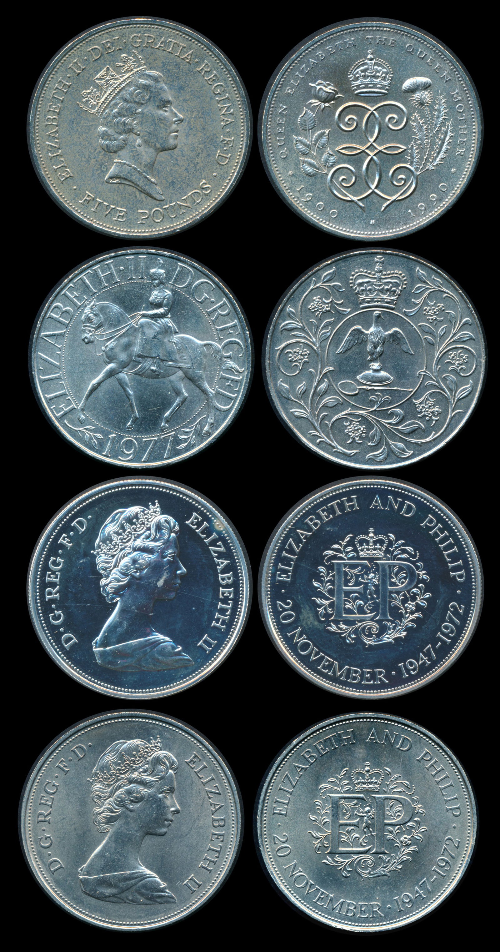 Great Britain 5 Pence-5 Pounds 1960-1990: Great Britain Queen Elizabeth II, Crown, 1960-65; 5 Pence, 1968-80; 10 Pence, 1968-76; 20 Pence, 1982-83; 25 Pence, 1972-80; 50 Pence, 1969-78; 1 Pound, 1983; 2 Pounds, 1986-89; 5 Pounds, 1990; bagmar