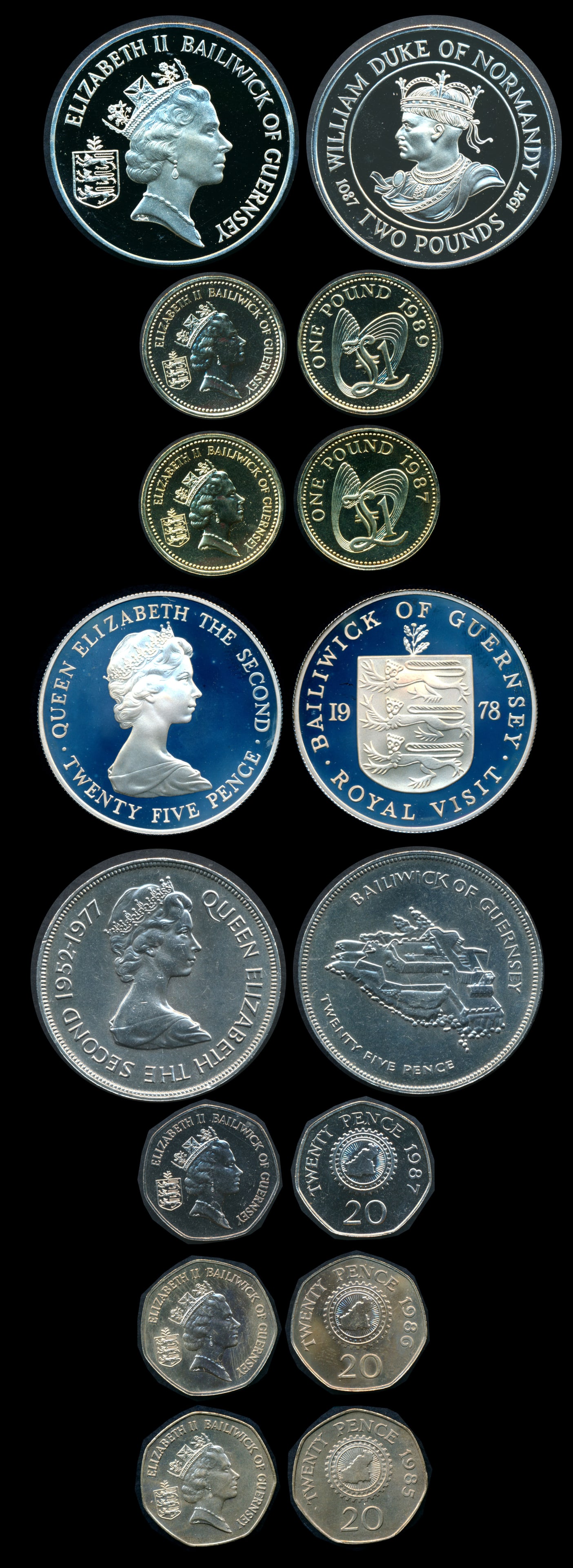 Guernsey 5 Pence-2 Pounds 1968-1990: Guernsey Elizabeth II, New 5 Pence, 1968; 5 Pence, 1977-90; New 10 Pence, 1968-70; 10 Pence, 1977-90; 20 Pence, 1982-90; 25 Pence, 1972-81; New 50 Pence, 1969-70; 50 Pence, 1981-90; 1 Pound 1981-90; 2
