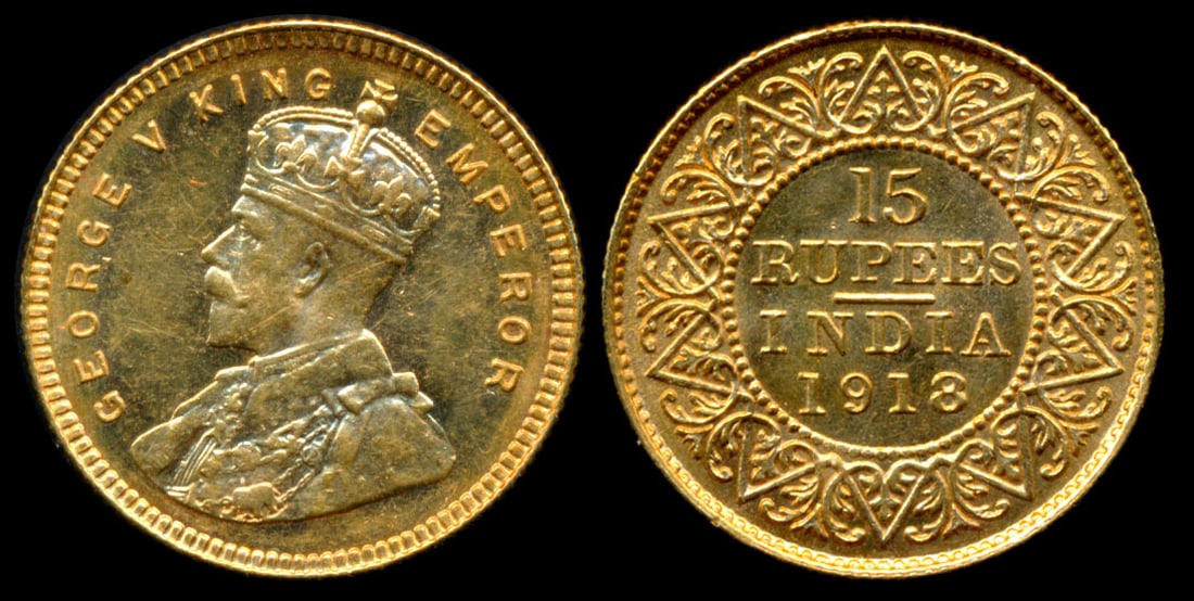 India KGV 15 Rupees 1918 gold: India British India, George V, 15 Rupees, (KM.525), 1918, gold, AU-UNC. A very rare one-year issue. Seldom offered. From the Sinnathuray Family Collection. Together with annotated coin envelope. Colle
