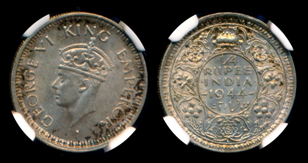 India KGVI 1/4 Rupee 1944L NGC: India British India, George VI, Quarter Rupee, (KM.547), 1944L, NGC MS61. From the Sinnathuray Family Collection.