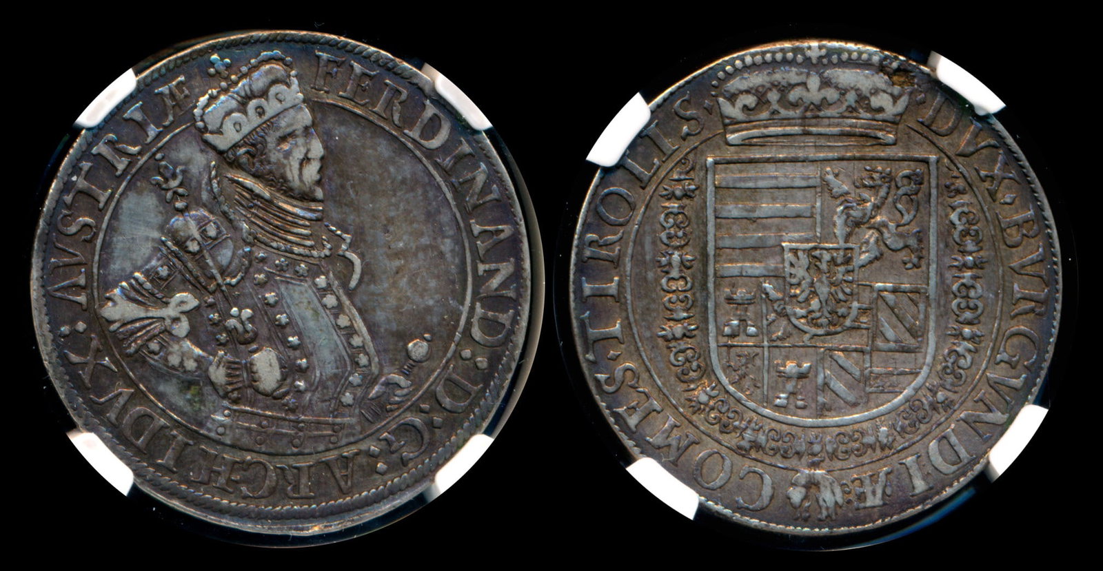 Austria Archduke Ferdinand Taler 1564-95 NGC: Austria Archduke Ferdinand, Taler, (DAV-8097), ND (1564-95), Hall mint, NGC XF40. Deep grey blue toned. Lovely.
