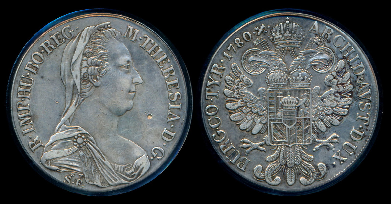 Austria Burgau Maria Theresa Thaler 1780 SF: Austria Burgau, Maria Theresa, Thaler, (KM.22; DAV-1150), 1780 SF, Gunzburg mint, PCGS Genuine, XF Details - Damage. Light grey, toned.