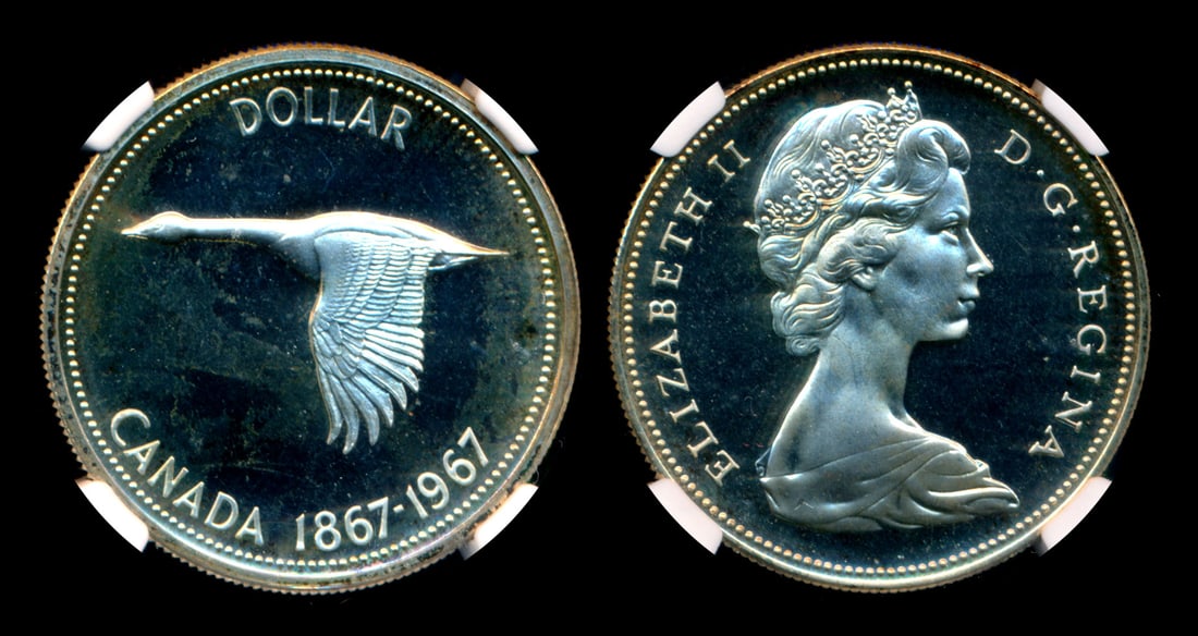 Canada QEII $1 1967 silver specimen NGC: Canada Queen Elizabeth II, $1, (KM.70), 1967, silver, specimen, NGC SP67 Ultra Cameo.