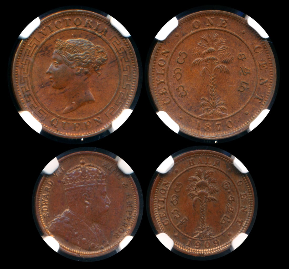 Ceylon QV 1c 1870 KEVII 1/2c 1909 NGC: Ceylon Victoria, Cent, (KM.92), 1870, NGC MS63BN. Ex-Sinnathuray Collection; Edward VII, Half Cent, (KM.101), 1909, NGC MS64BN. (2)